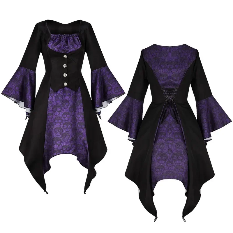 Vrouwen Vintage Lange Mouw Halloween Heks Vampier Gothic Ghost Kleedt Feest Schedel Jurk Kleding Herfst Cosplay Kostuum