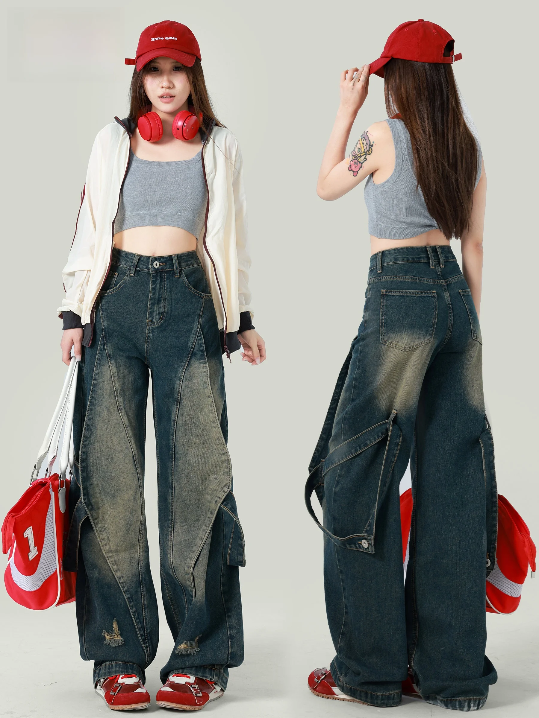 

Женские джинсы прямого кроя в стиле ретро с эффектом потертости, новинка ранней осени, свободные, с дизайнерскими вставками, в рабочем стиле, с высокой талией, повседневные