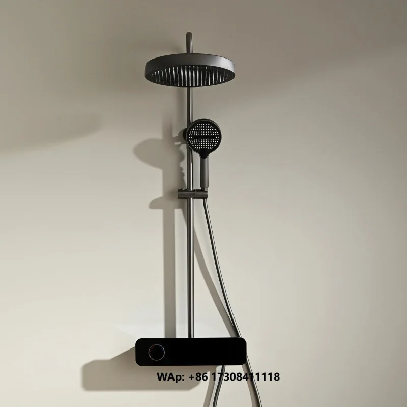Gray Digital Rain Shower Head Faucet Set with Home Bathroom Pressure Increase and Large Spray Head and Storage Shelf