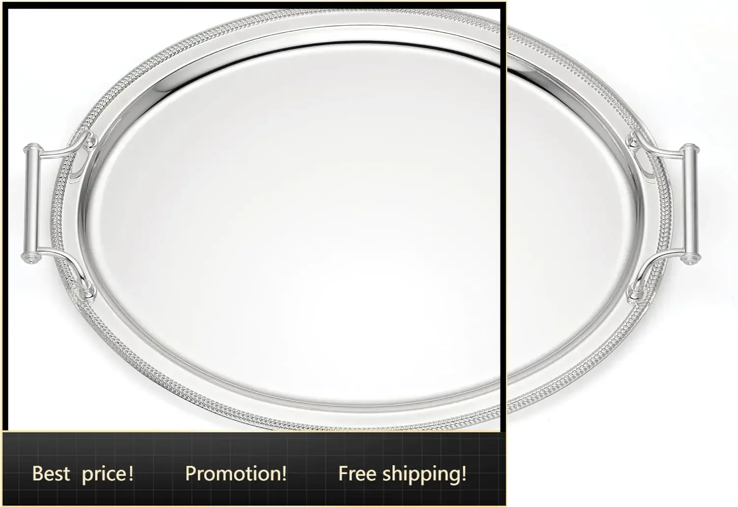 Oval Silverplate Serving Tray with Handles | Braided metal border | 13 x 17 inch | elegant entertaining or vanity decor, gift