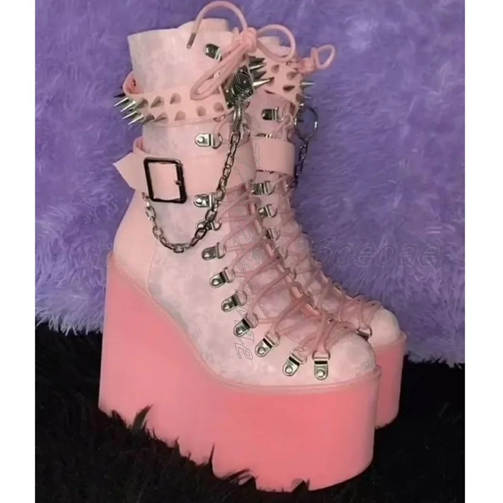 

Pink Thick Bottom Ankle Boots with Buckle Strap Pointed Studs Belt Buckle Punk Style Footwear Shoes 2025 Zapatos Para Mujere
