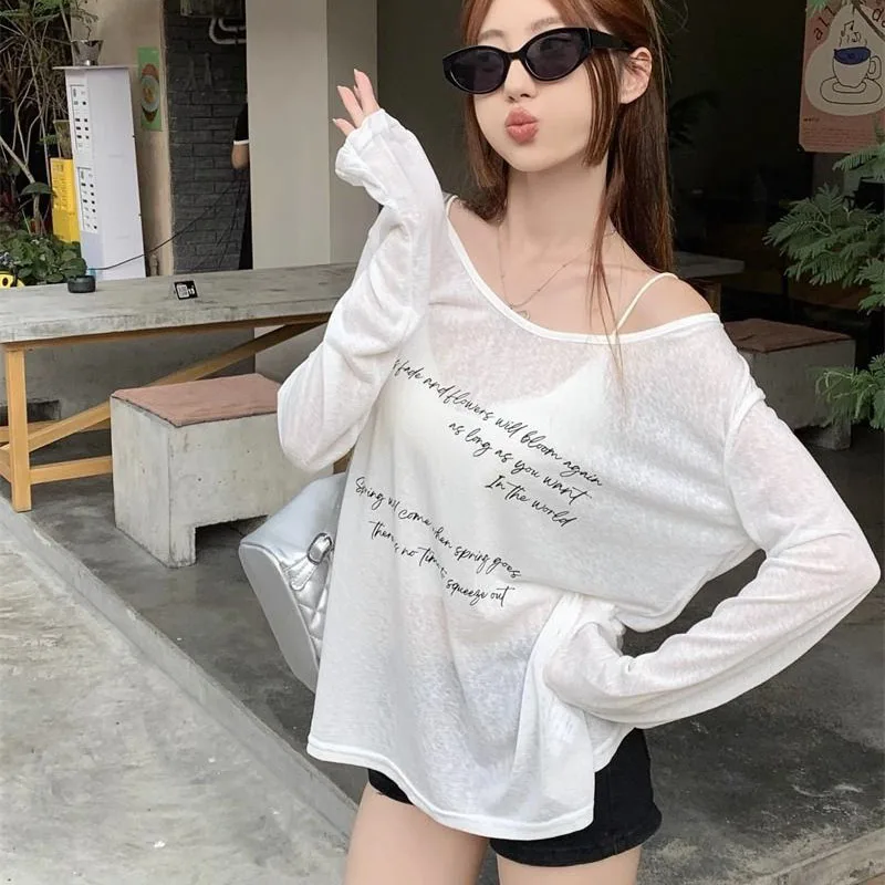 Korean Style Letter Printing White T Shirts Women Summer Thin See Through Sunscreen Shirt Fashion Off Shoulder Long Sleeve Tees