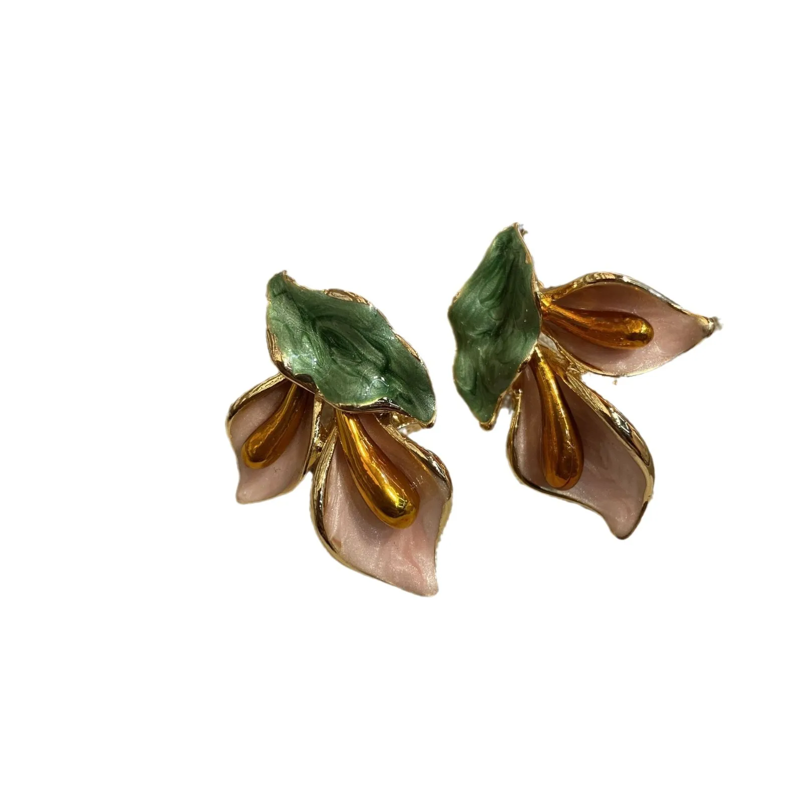 Women Enamel Dripping lily Flower Stud Earrings Copper Gold-plated 925 Silver Needle