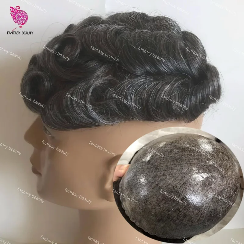 

#1b40#1b50#1b65#1b80 Gray Black 100% Human Hair Natural Hairline 0.1MM Thin Skin Transparent Full PU Men Toupee Prosthesis Hair