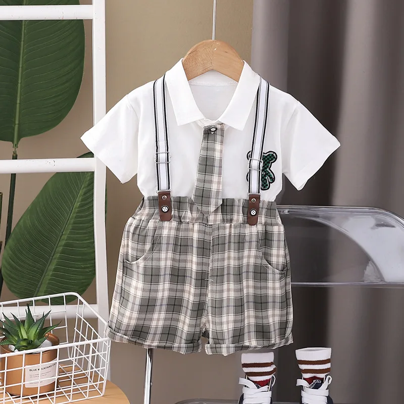 

Western Baby Boys Boutique Clothing 2024 New Korean Style Turn-down Collar Short Sleeve Shirts and Plaid Overalls Boy Outfit Set