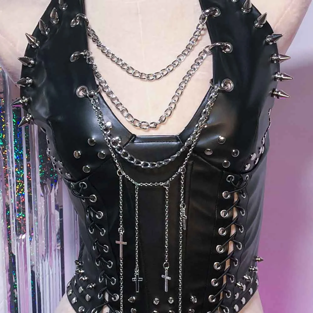 

Goth Kawaii Grunge Emo Harajuku Punk Rock Y2K TOPS Fashion Revival Studded Rivet Eco 90s Gothic Tank DIY Chain E-Girls