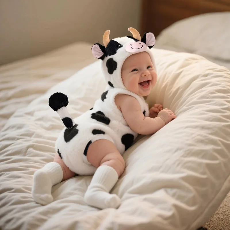 Newborn Infant Baby Boys Girls Cow Hooded Bodysuit Sleeveless Plush Fleece Playsuit with Spots Horns Ears Tail Costume Warm 0 24