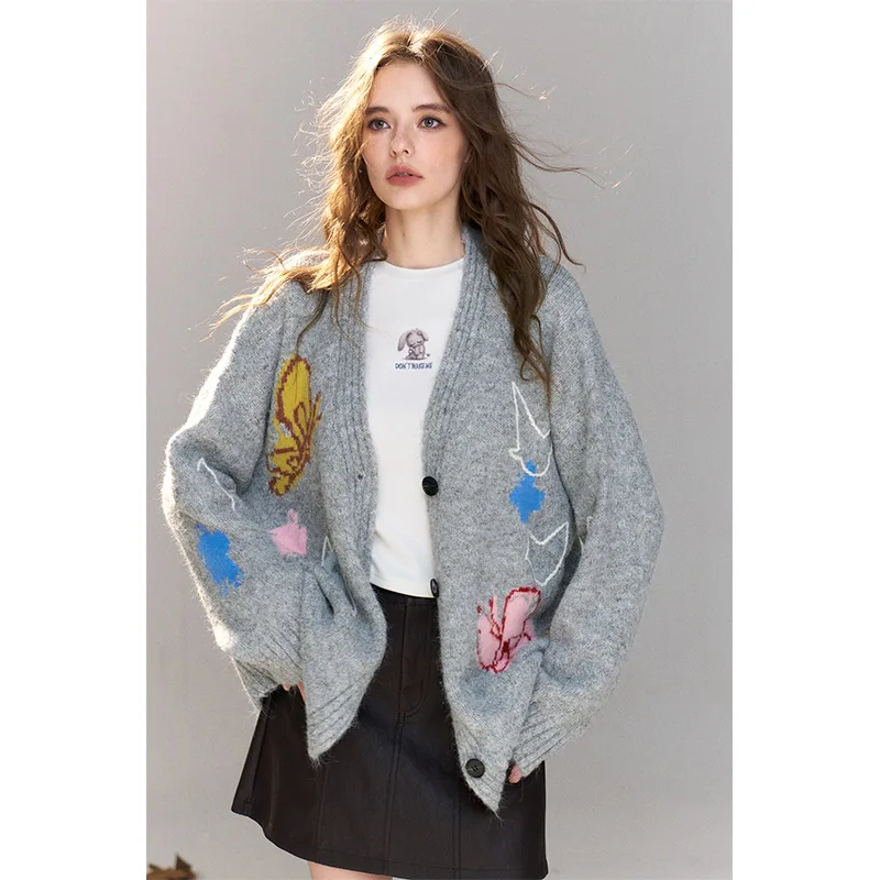 ELFSACK Women's Loose Cardigan with Butterfly Print, Cute Long Sleeve Knit Top, Casual Sweet Outerwear for Daily