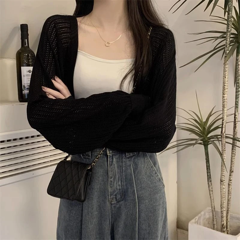 Hollow Out Sunscreen Cardigan Women Fashion Lantern Sleeve Thin Short Knitted Cardigans Woman Elegant Simple Crop Smock Top