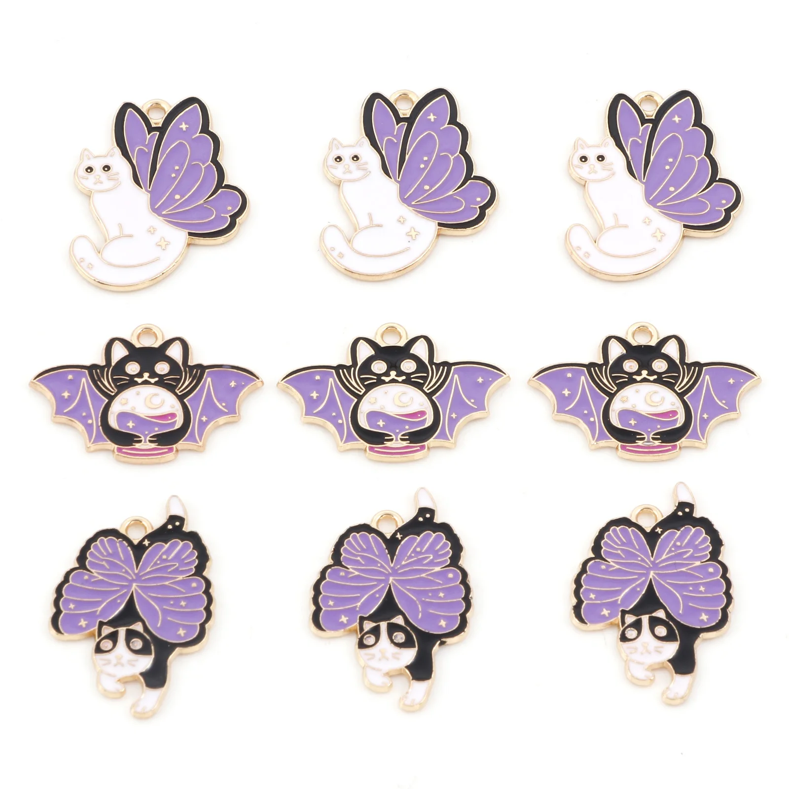 10PCs Cat Aniaml Wing Charms Fashion Cartoon Purple Gold Color Metal Pendants DIY Earrings Necklace Women Jewelry Gifts Findings