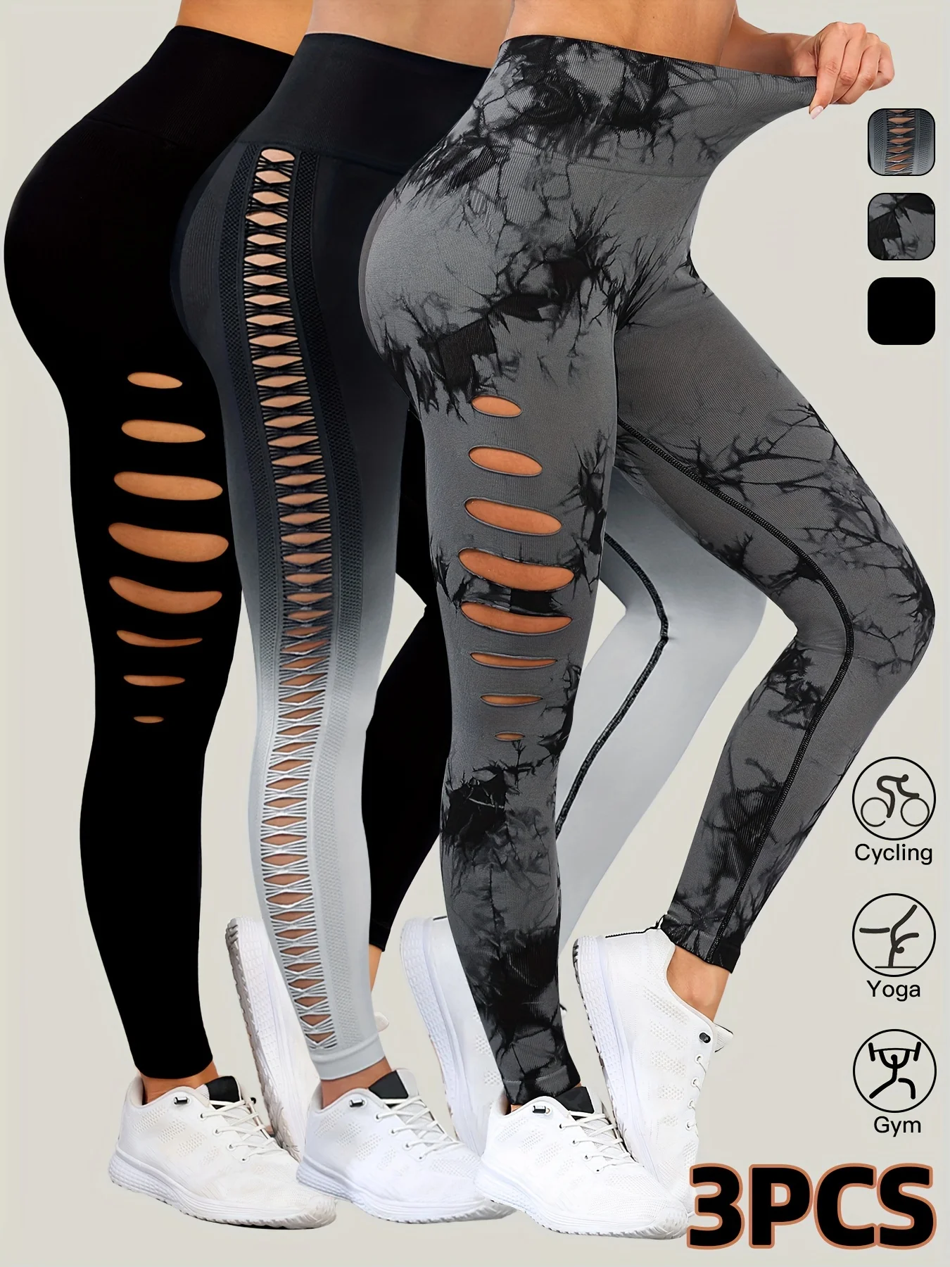 1/3 قطعة المرأة التعادل صبغ التدرج الجانب ثقب جوفاء طماق عالية الخصر عادية الرياضة اللياقة البدنية نحيل اليوغا السراويل