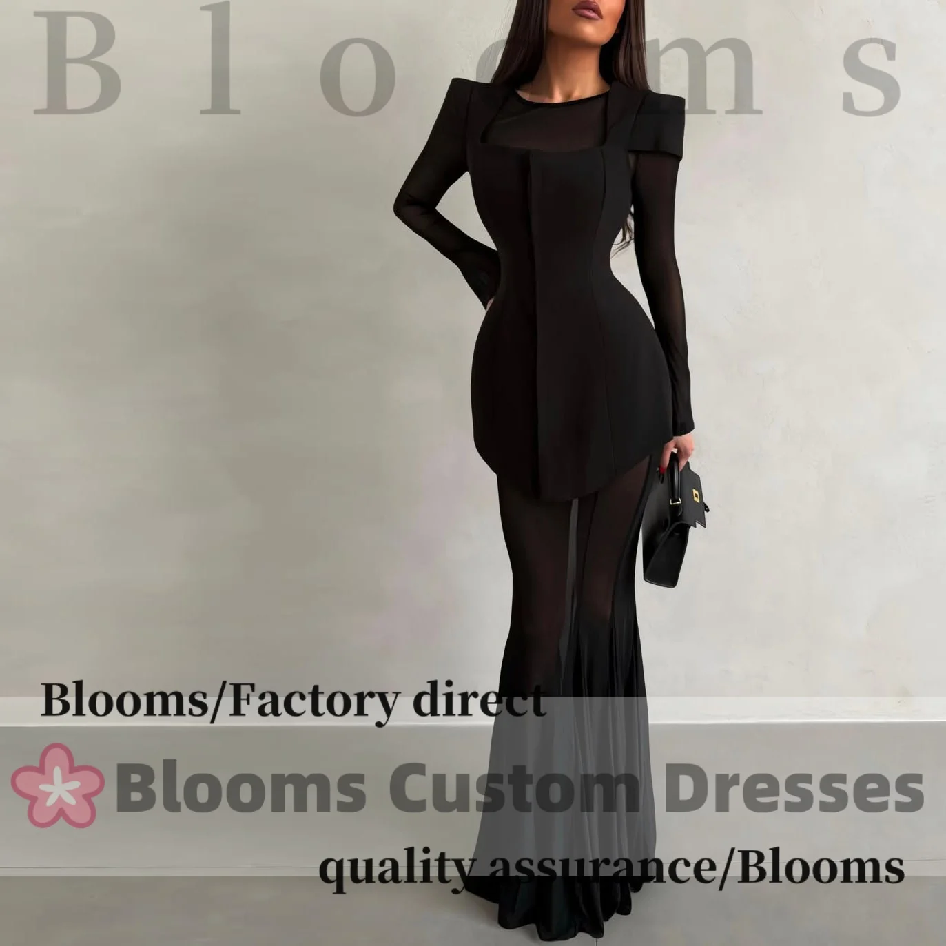 

Customized Black Simple Padded Shoulder Formal Evening Dresses Prom Gown Sheer Overlay Mermaid Elegant Party Dresses 2026
