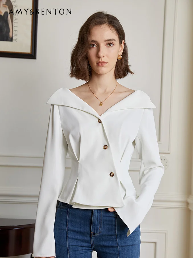 

Commute Style Temperament V-neck Long Sleeve Shirt Women French Elegant Pure Color All-Match Single-Breasted Casual Slim Camisas