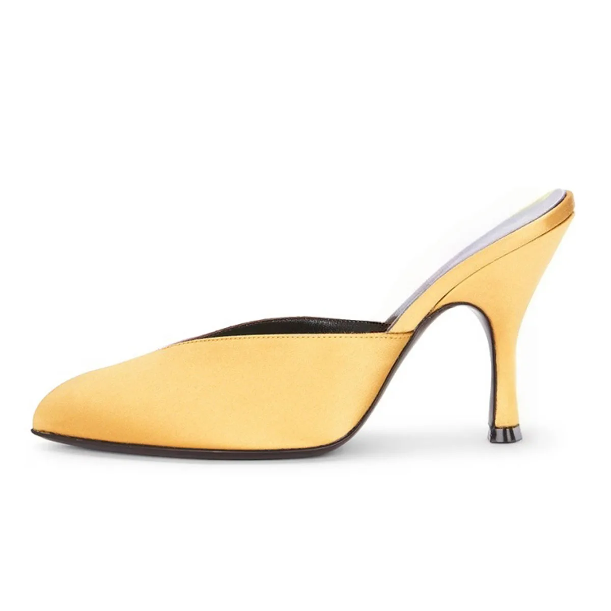 

Arden Furtado Summer Yellow Satin Stilettos heels Mules Round toe Pull-on High-heeled Dinner shoes Closed toe Slippers