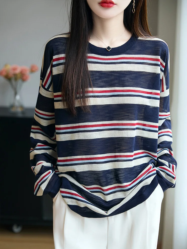 

Thin Exclusive European Sle Linen Color Blo Stripe Versatile round Ne Long Sve Knitted Loose Top for Women