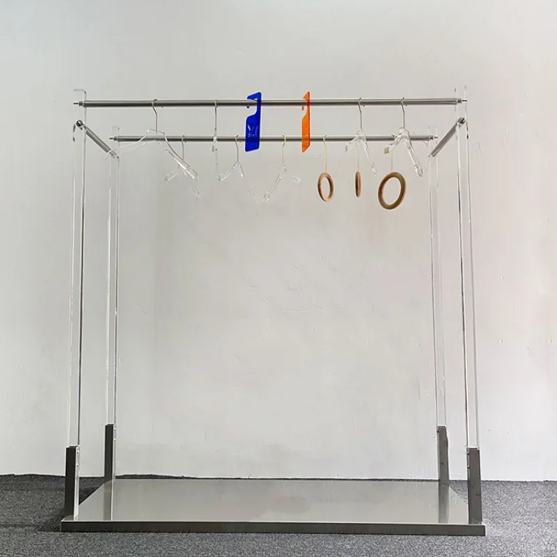 custom，Clothing store display rack stainless steel silver brushed gold shelf high-end transparent acrylic shelf wholesa