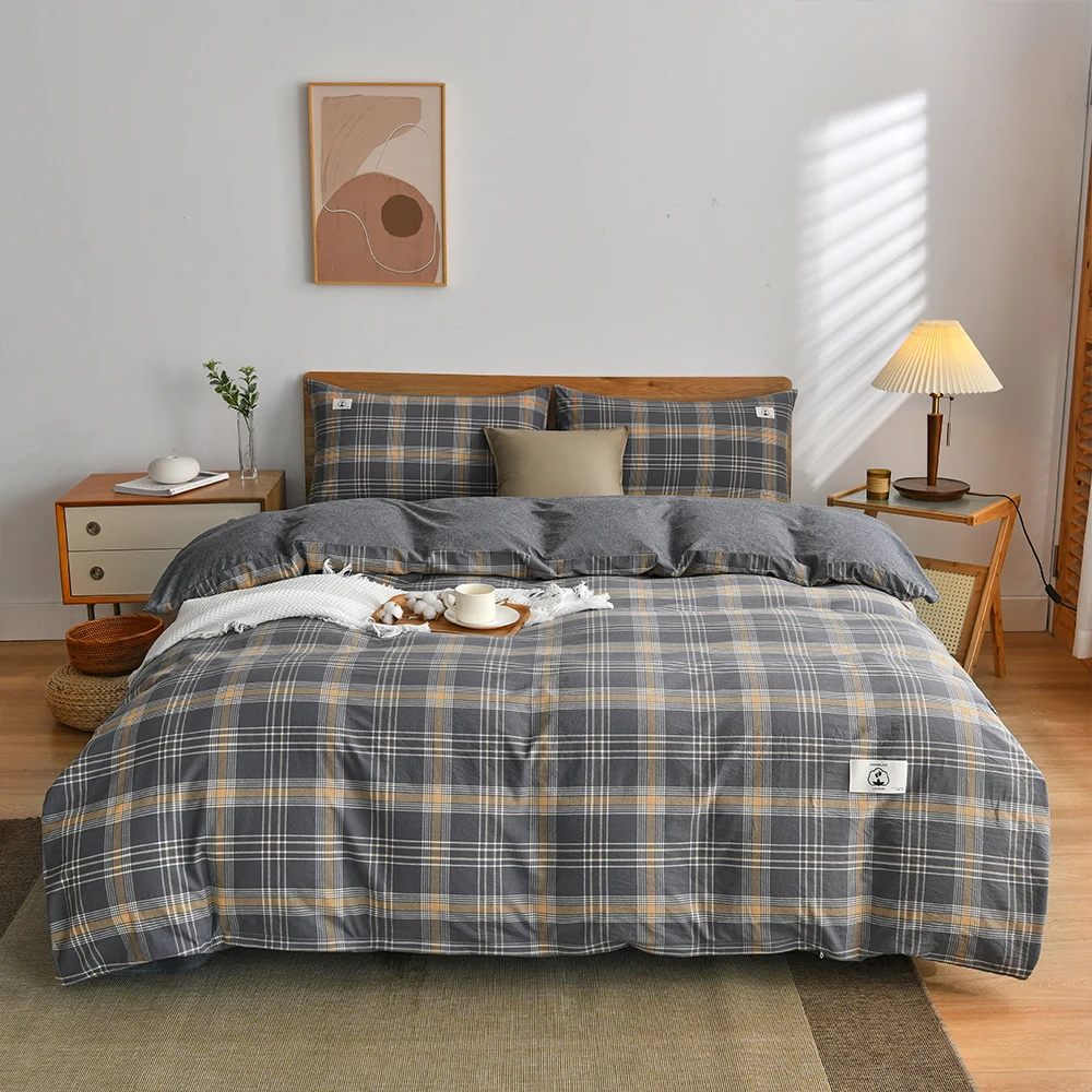 100% Cotton Bedding Quilt Cover Set with Pillowcase Japan Style Grid  housse de couette 220x240 Duvet Cover set King Size