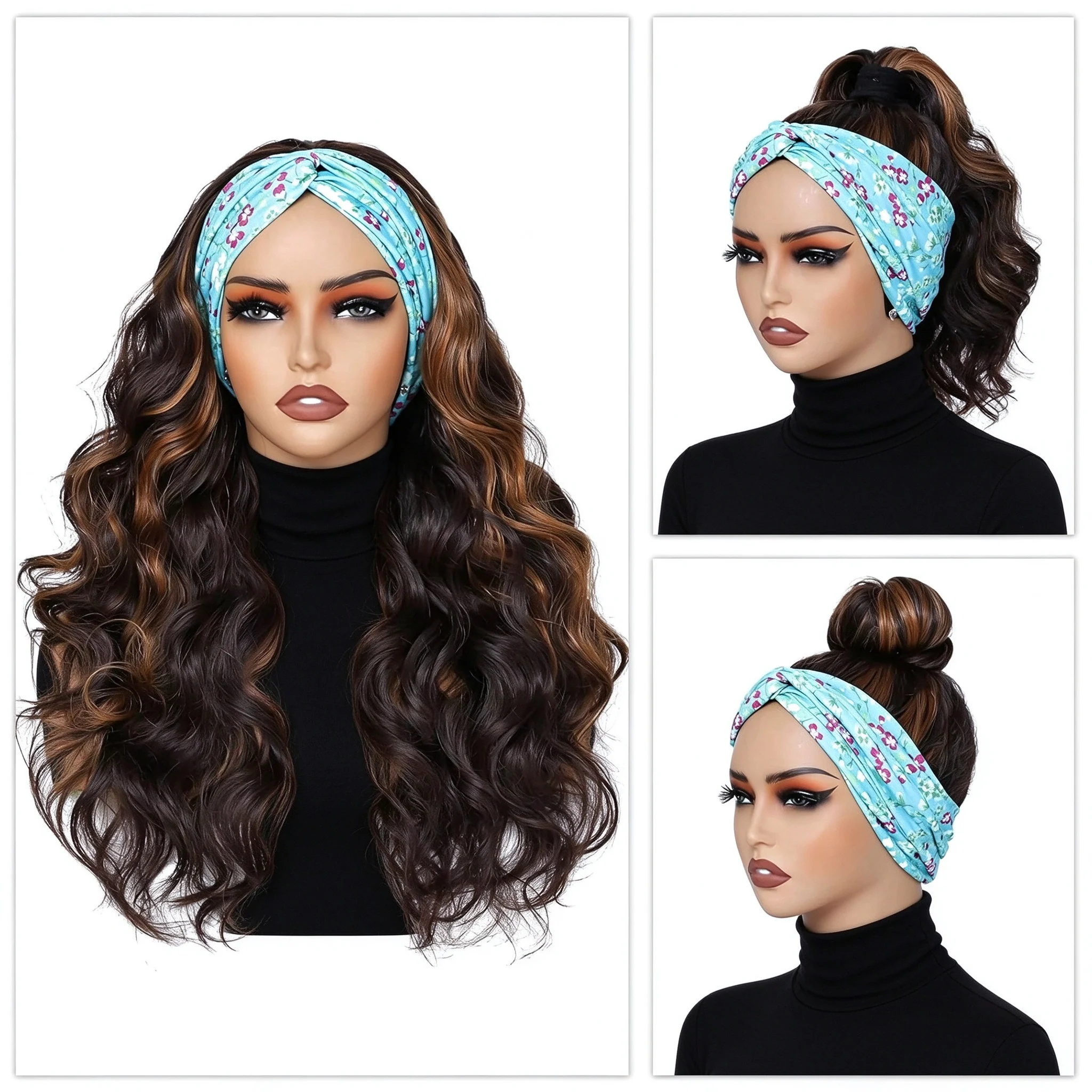 Long Black Body Wave Glueless Headband Wig for Black Women Synthetic Natural Looking Wavy Hair Heat Resistant
