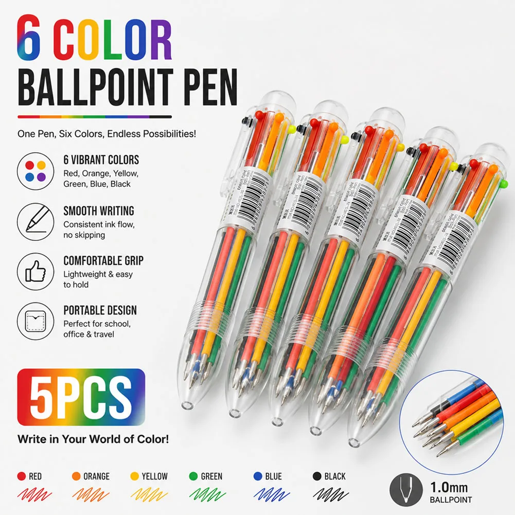 5pcs Multi Function Ballpoint Pen 0.5mm Novelty Multi-color Children's Gifts Korean Stationery 6 colours Ball Point Pen