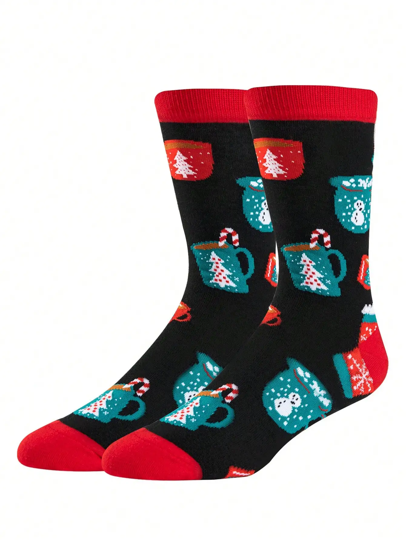 1 Pair of Christmas Mug Socks (Black Base with Red Trim) | Snowman/Christmas Tree/Candy Cane Patterns, Retro Color Block, Unisex