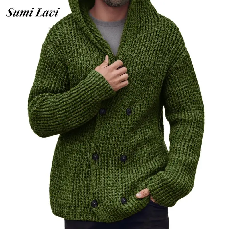 

Leisure Solid Color Sweatercoats Mens Autumn Winter Warm Knitting Cardigans For Men Fashion Button-up Hooded Sweater Jacket Coat