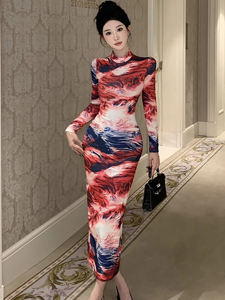 Vestido de manga larga con estampado degradado a la moda para mujer, vestido largo informal elegante para otoño e invierno, vestido de fiesta ajustado coreano para Festival 2025