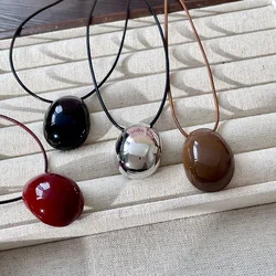 Simple Oval Choker Necklace Wax Rope Long Pendant Necklace Alloy Sweater Chain Women