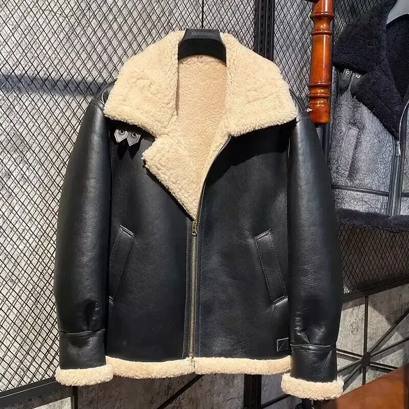 Man Genuine Sheepskin Leather Shearling Coat B3 Pilot Jacket Hooded Wool Liner Winter Clothes Black XXXXXXXL 5XL 6XL 7XL 8XL