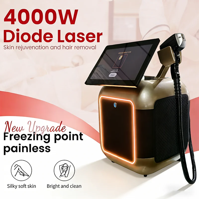 

Лазерный диодный эпилятор 4000 Вт с четырьмя волновыми длинами, безболезненное удаление волос, титановый диодный лазер 808 нм с охлаждающим наконечником