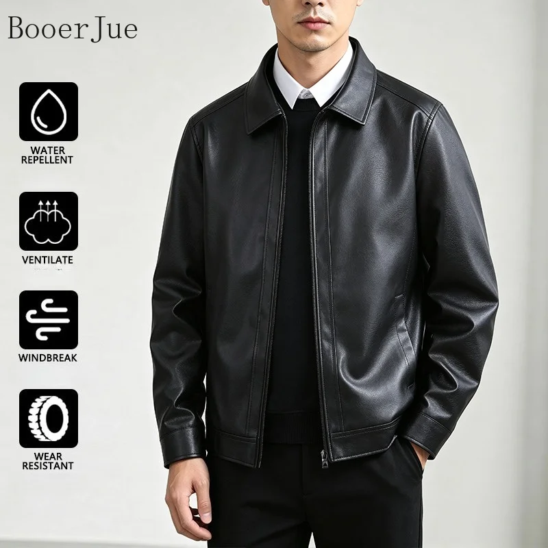 Men Long Sleeve Faux Leather Baseball Jacket 2026 Winter Turn-down Collar Standard Fit Windproof Zipper Casual Outerwear Fishing