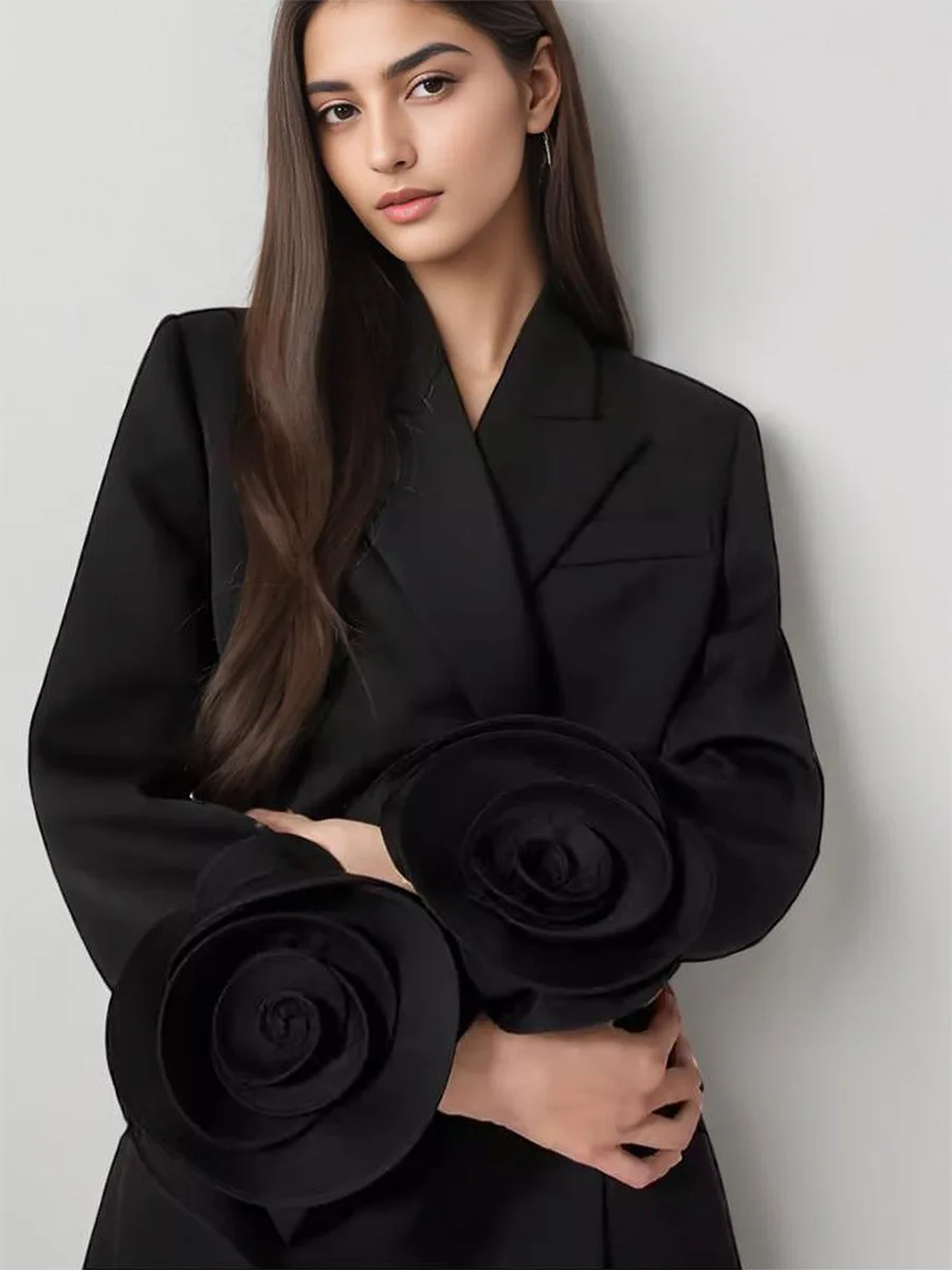 

Black Women Suit 1 Piece Blazer 3D Flower Autumn Fall Formal Buiness Office Lady Double Breasted Wedding Tuxedo Jacket Coat