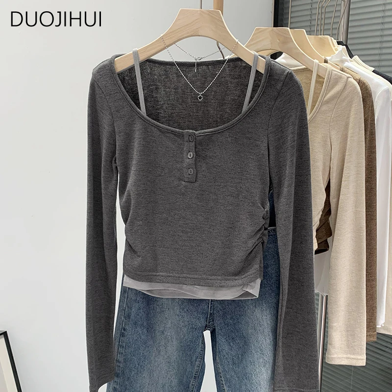 DUOJIHUI Oatmeal Fake Two Piece Chic Button O-neck Women T-shirts Autumn Classic Straight Fashion Simple Casual Female T-shirts