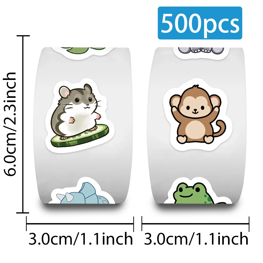 500pcs/roll Cute Cartoon Animals Stickers Kids Students Reward Decals For Laptop Luggage Guitar Waterproof Sticker(10 Patterns)