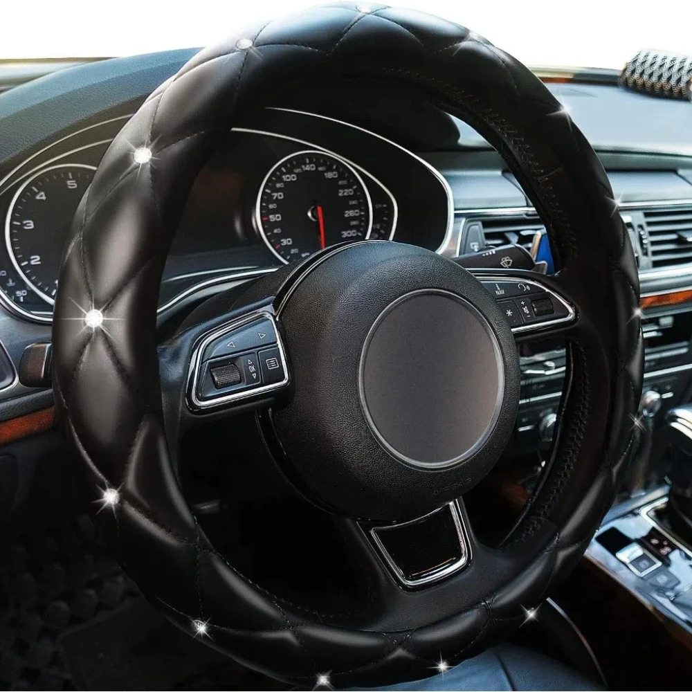 Pink Universal Car Steering Wheel Cover Crystal Rhinestones Black Red White Interior Fit Diameter 38CM 14.5-15 Inch For Women