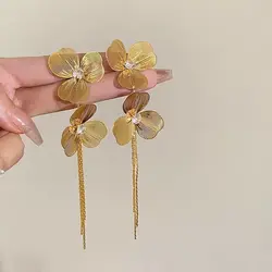 Exaggerated Rhinestone Long Tassel Earrings Trendy Flower Drop Earrings Personalized Hanging Earrings Girls Unique Party Jewelry