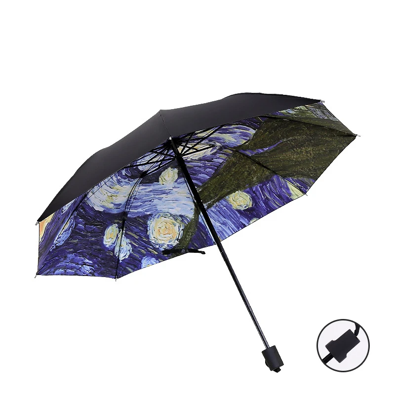 High  Quality Folding Umbrella Female Windproof Paraguas Van Gogh Oil Painting Umbrella Rain Women Black Coating Parasol