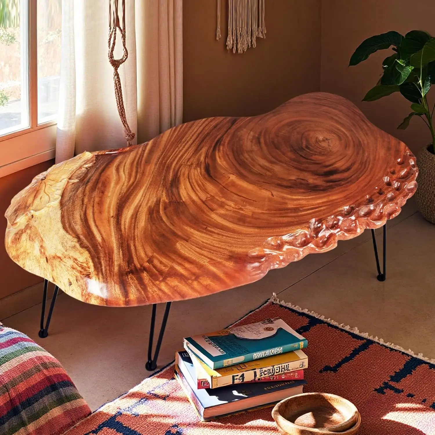 

Handcrafted Natural Wood Coffee Table - Unique Artisanal Design with Sturdy Metal Hairpin Legs, for Living Room & Side Use