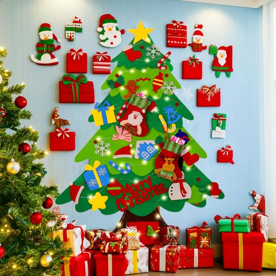 Arbre de noël en feutre pour tout-petits, avec bas de noël, kit de décorations d'ornements muraux suspendus avec guirlandes lumineuses pour