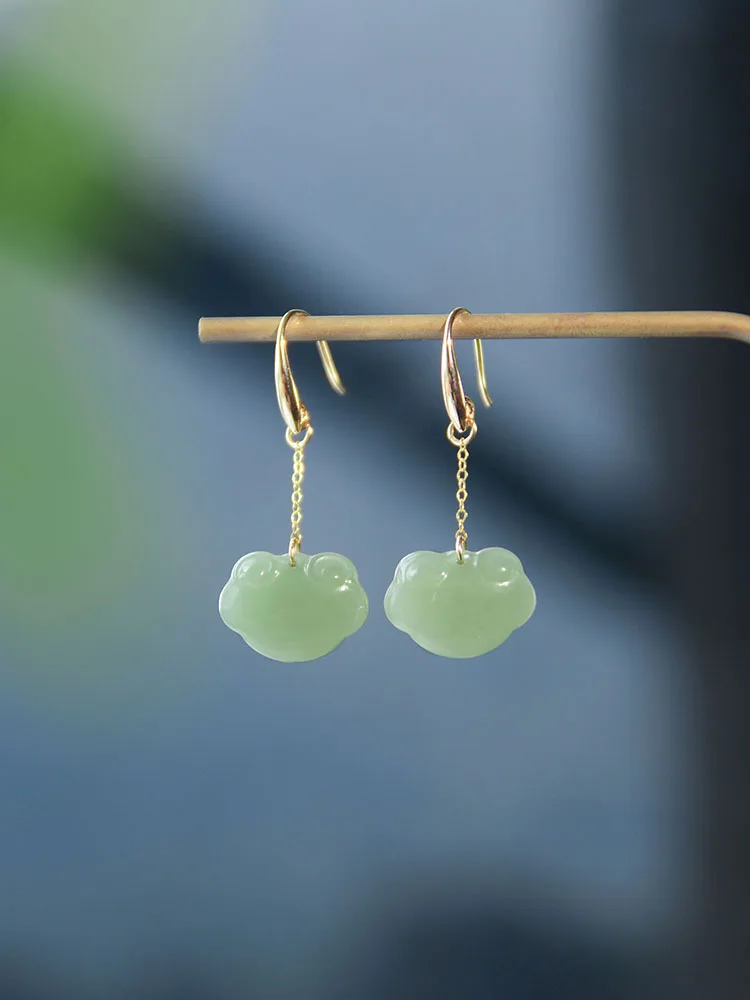 Natural Hetian Jade Ruyi Xiangyun Female Girlfriends Sterling Silver Plated Earrings Ins Special-Interest