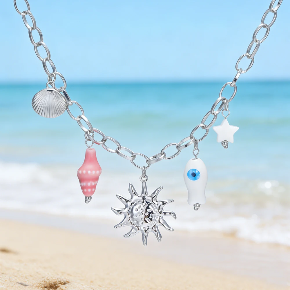 Pearl Trim Chain - สร้อยคอเปลือกหอยประดับมุกและปลาดาวสำหรับผู้หญิง โซ่สแตนเลส ชุดเครื่องประดับสำหรับวันหยุดพักผ่อน ฤดูร้อน ชายหาด ทะเล
