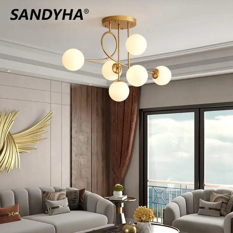 Imagem -03 - Sandyha-nordic Glass Ball Teto Lustre Luz Led Home Decor Sala de Estar Sala de Jantar Cozinha Quarto Preto Ouro