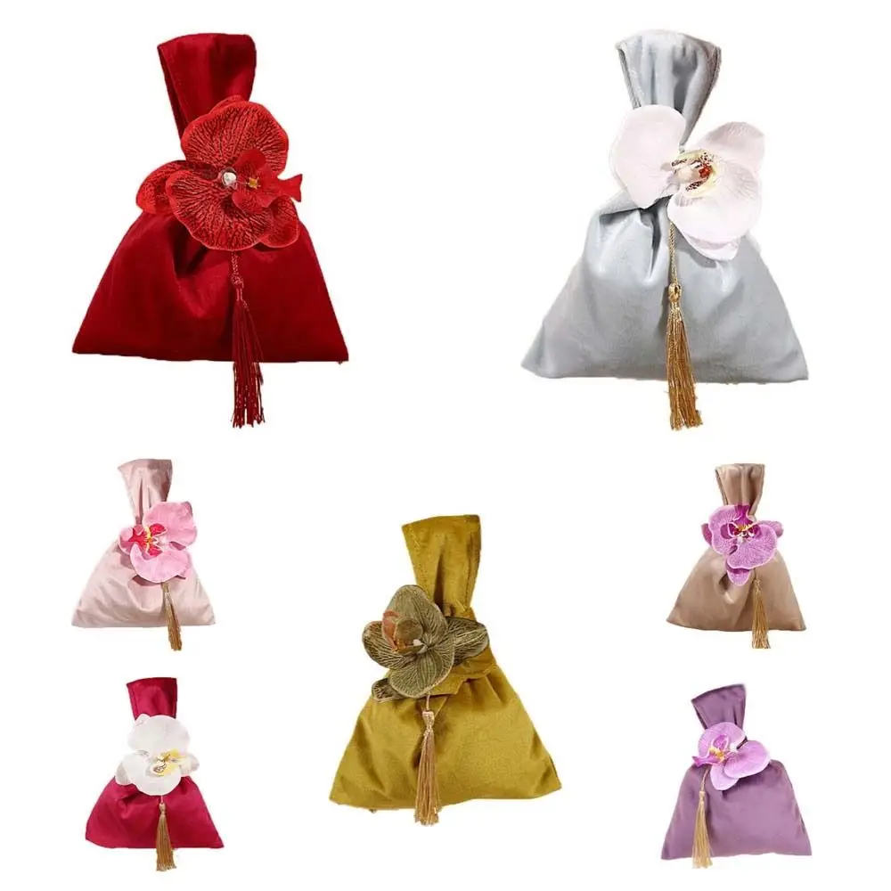 Tassel Velvet Knot Handbag Tope Handle Vest Shape Flower Wrist Bag Korean Style Jewerly Packing Bag Festive Sugar Bag