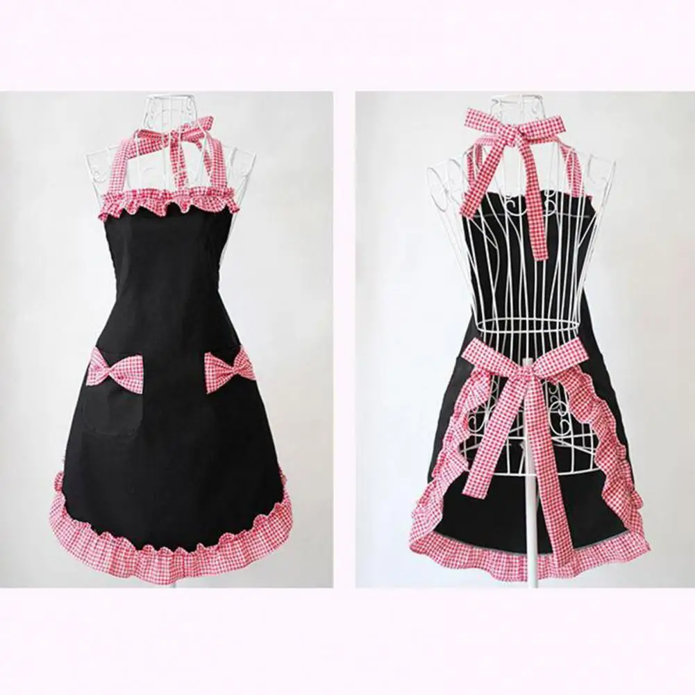 Women Apron with Adjustable Neck Strap Women Apron Women’s Cute Bowknot Pocket Apron with Plaid Print for Mother’s
