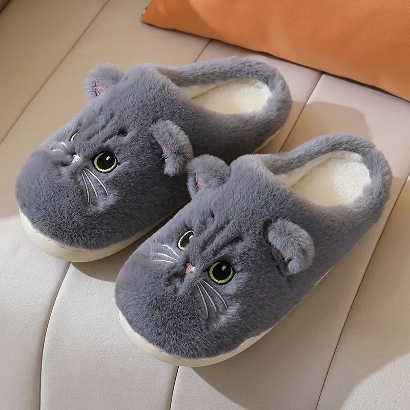 Pantoufles en peluche chat pour femmes et hommes, chaussures chaudes, toboggans, chat de dessin animé mignon, pantoufles floues, chaussures souples,