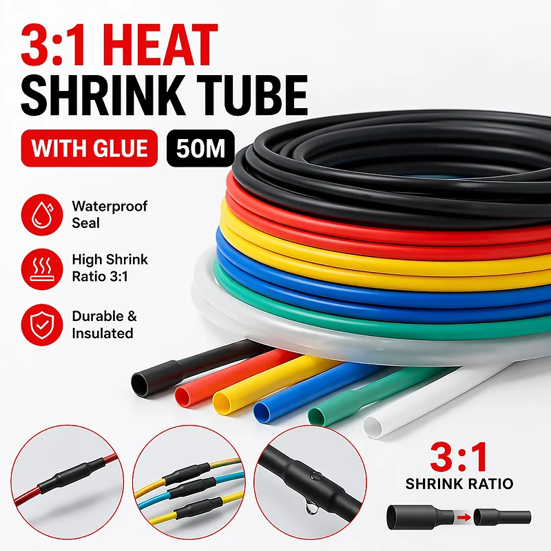 50 Meters 3:1 Adhesive Lined Heat Shrink Tubing - Polyolefin Insulated Cable Sleeve Wire Connector Seal for Electrical Repair