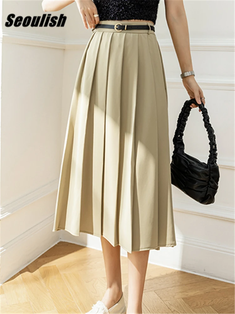 Seoulish 2022 New Pleated Women's Mi-Long Skirts with Belted Spring Summer High Waist Female Minimalism Umbrella A-Line Skirts