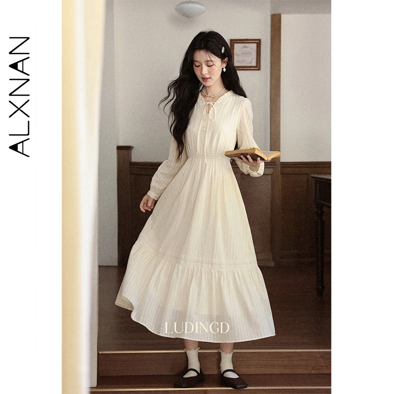 

ALXNAN Light Apricot Dress Long Openwork Embroidered Fabric Cotton 100% Women's Dress Fall Elegant Long Sleeve Clothing L57202