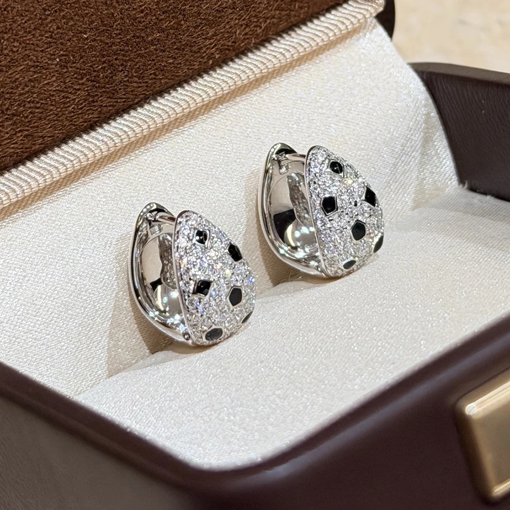 Trendy Real 925 Sterling Silver Earrings For Women Anniversary Gift Leopard Print Huggie Hoop 5A Zircon Luxury Fine Jewelry