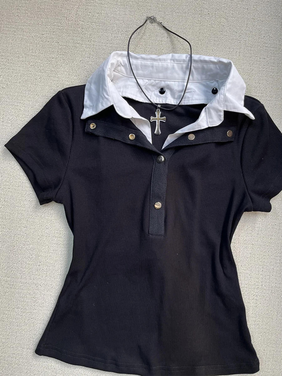 

Original Bla irt Collar ort Sve T-irt Women's Faionable Top Korean Sle Cotton Summer Commute Pure Color