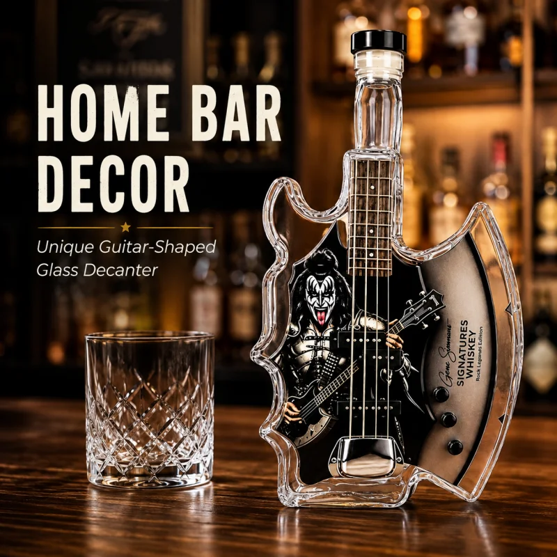 Gene Simmons Axe Bass Guitar Whiskey Decanter, KISS Rock Band Themed Glass Liquor Bottle, Home Bar Decoration Collectible Gift